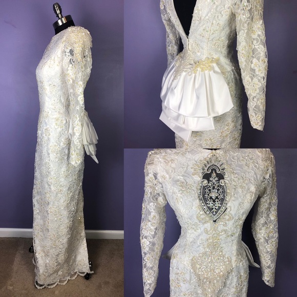 Vintage 80’s Beaded Long Sleeve Wedding Lace Gown - Picture 2 of 8